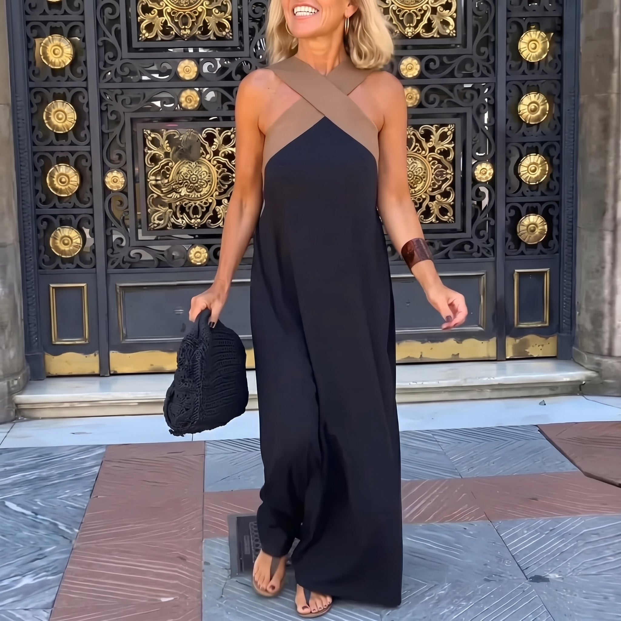 Stella - Women's Summer Crossover Halter Neck Maxi Dress - Maxi Dress - Black - Taylor & Bennett