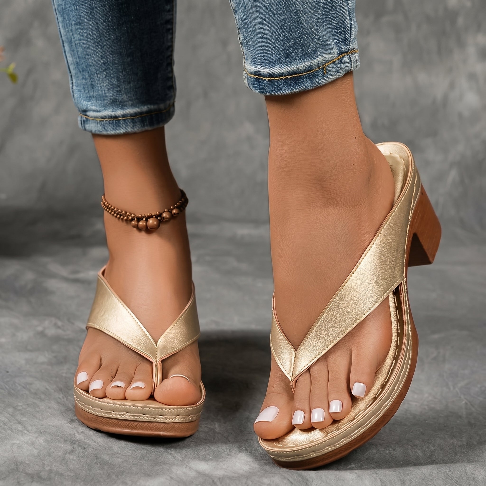 Tara - Women's Block Heel Slip-On Sandals - Sandals - Gold - Taylor & Bennett