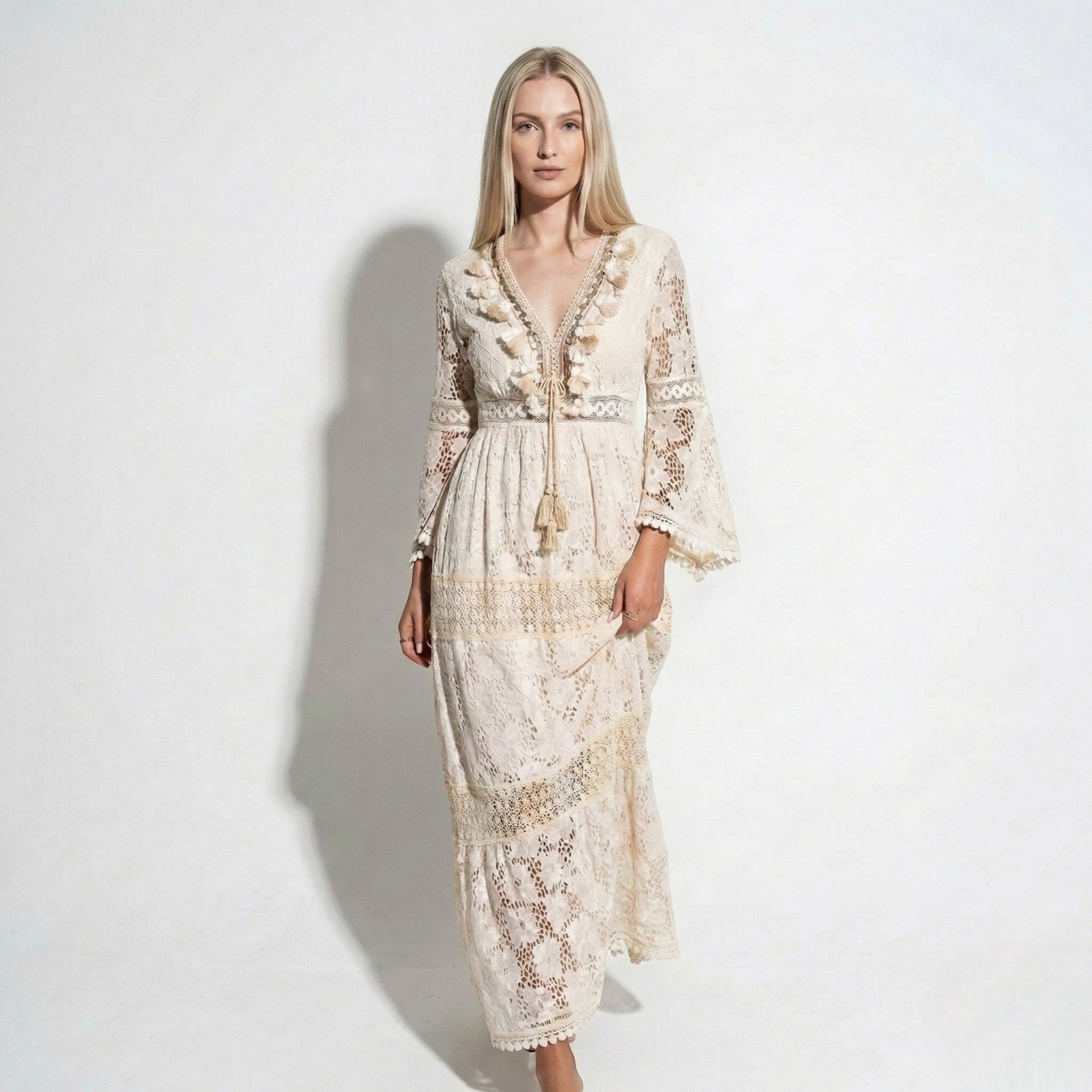 Thea - Women's Long Sleeved Boho Maxi Dress with Lace Details - Dress - Beige - Taylor & Bennett
