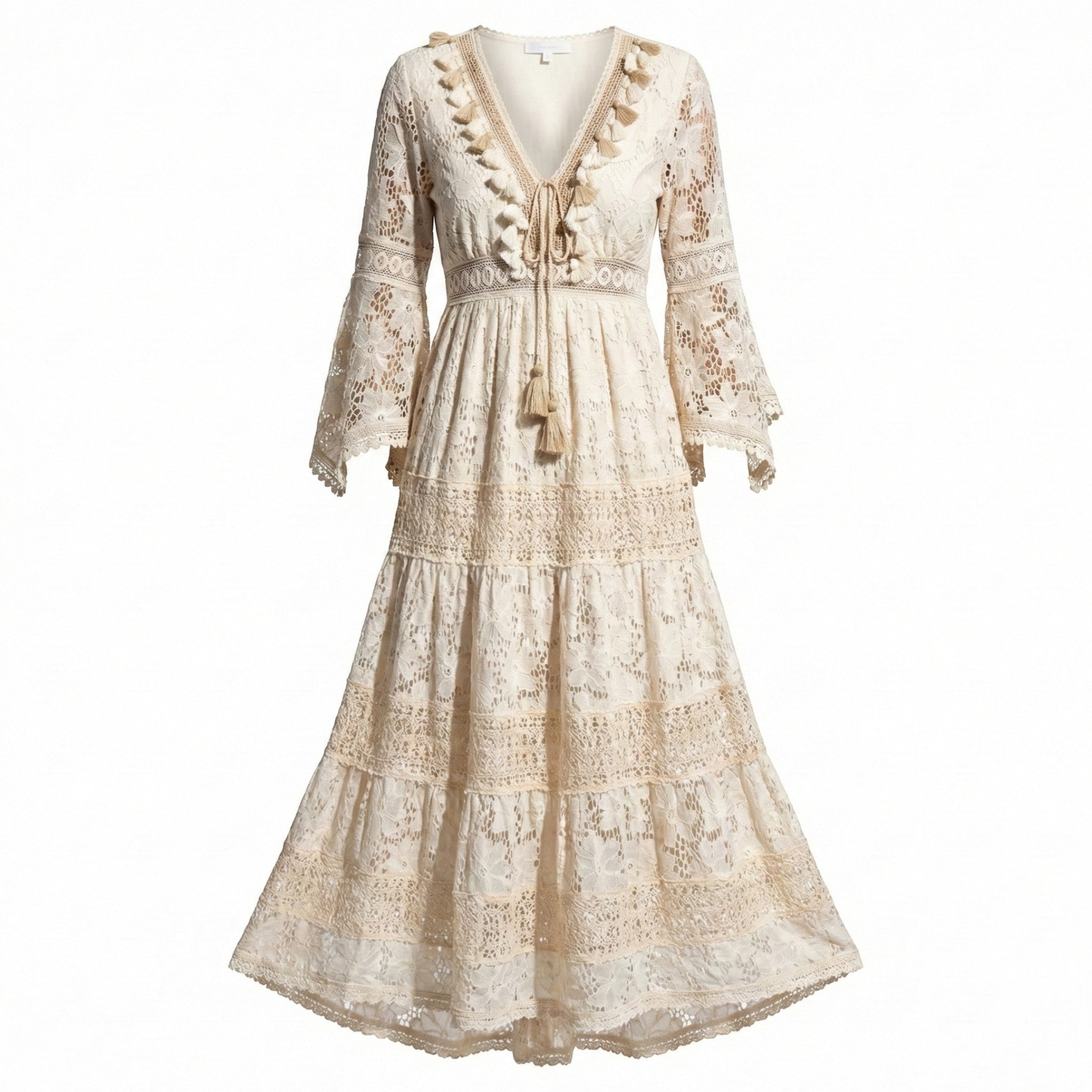 Thea - Women's Long Sleeved Boho Maxi Dress with Lace Details - Dress - Beige - Taylor & Bennett