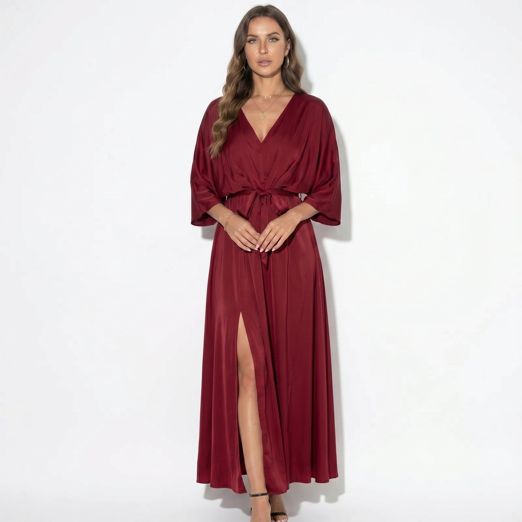 Thea - Women's V - Neck Batwing Sleeve Maxi Dress - Dress - Red - Taylor & Bennett