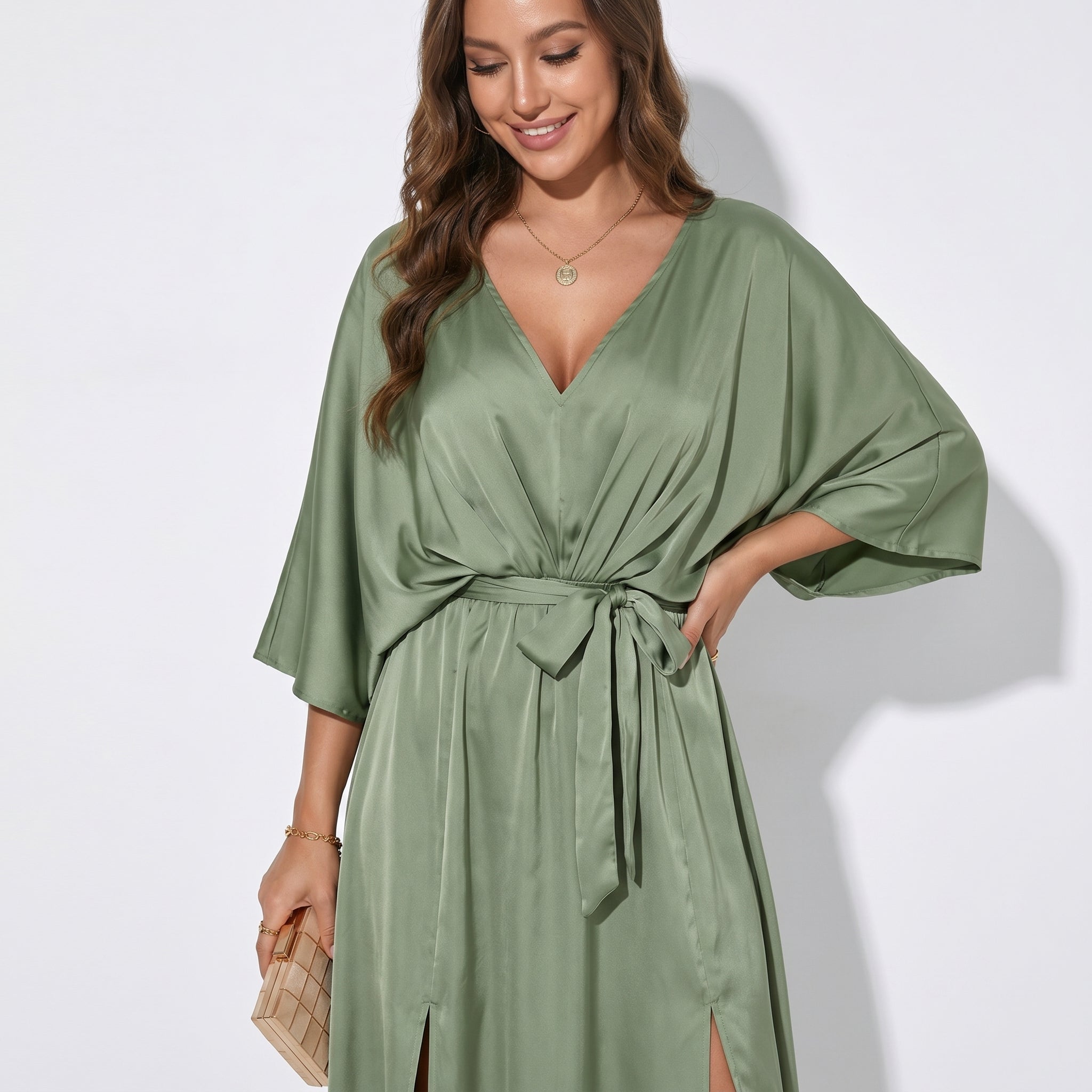 Thea - Women's V - Neck Batwing Sleeve Maxi Dress - Dress - Green - Taylor & Bennett