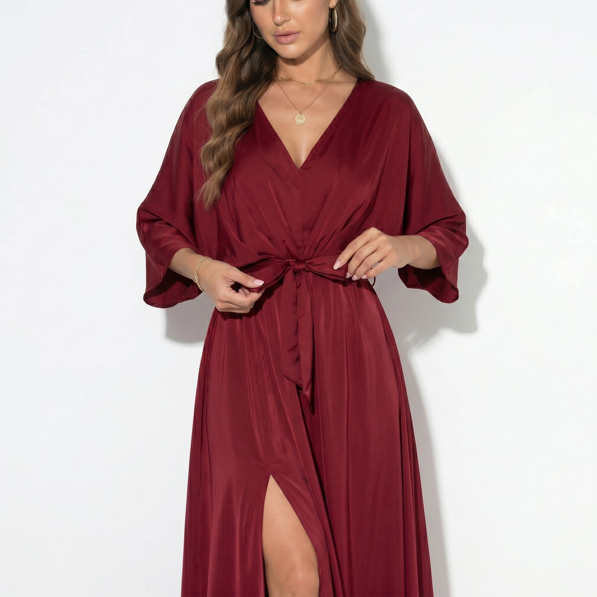 Thea - Women's V - Neck Batwing Sleeve Maxi Dress - Dress - Red - Taylor & Bennett