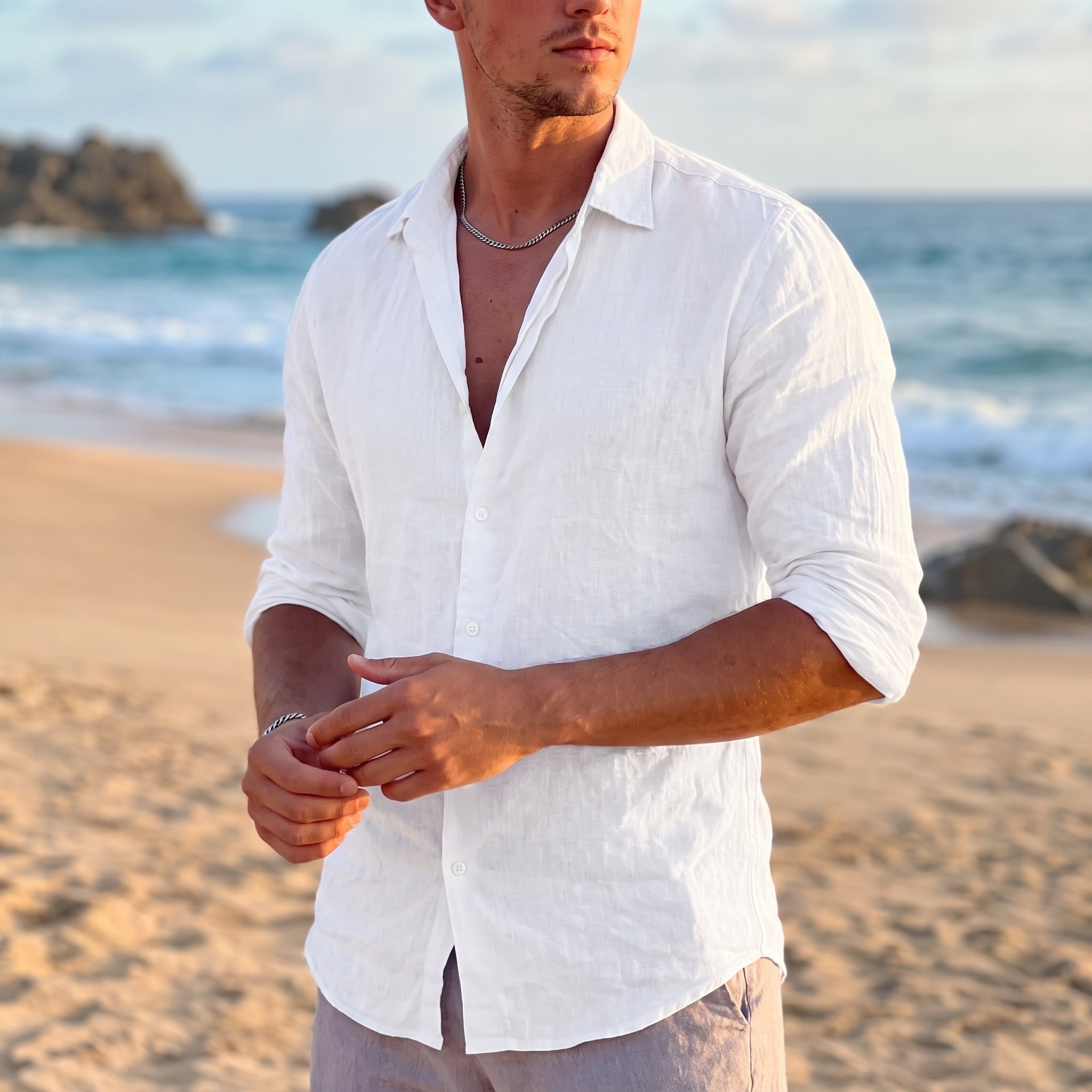 Thomas - Men's Summer Linen Point Collar Long Sleeve Shirt - Shirt - White - Taylor & Bennett