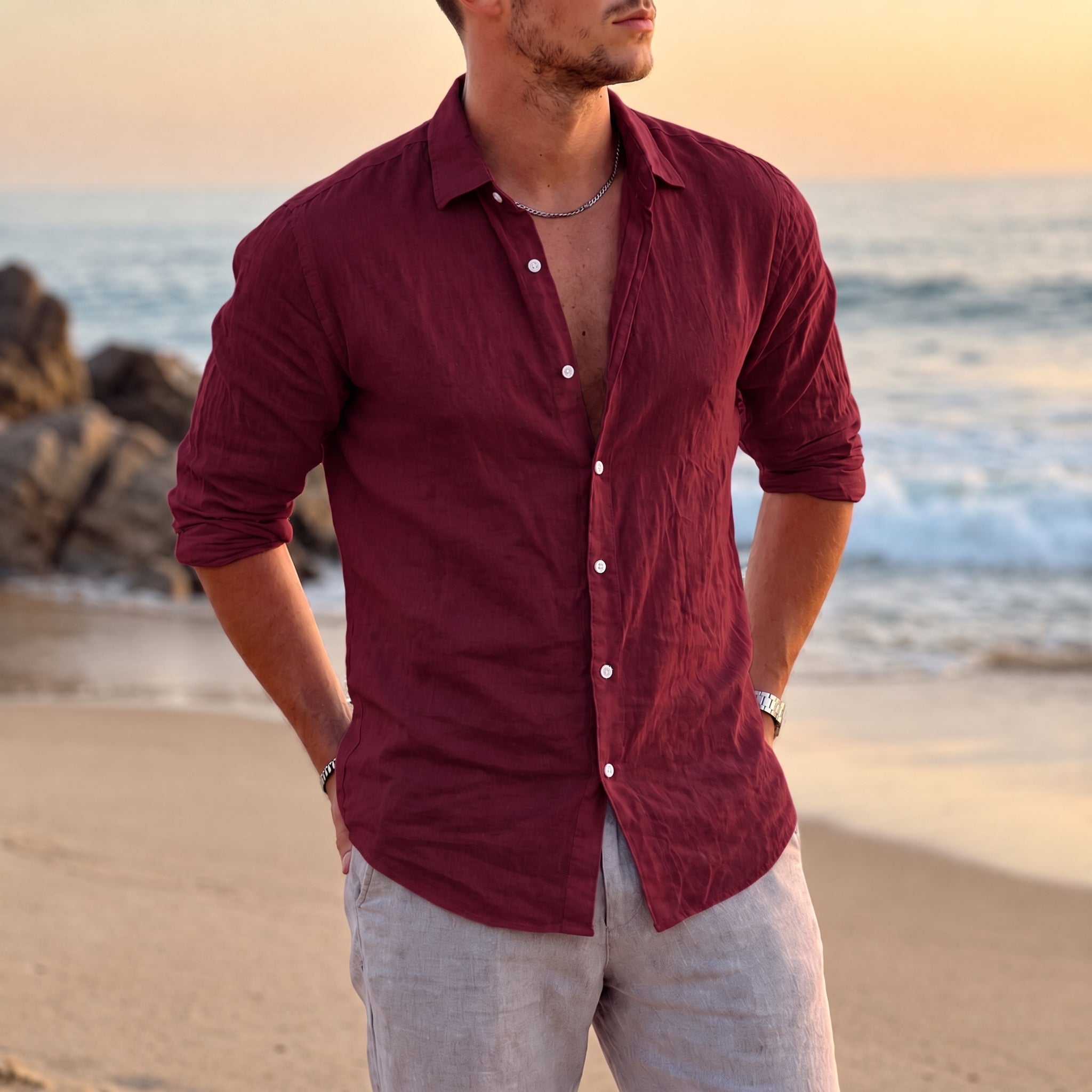 Thomas - Men's Summer Linen Point Collar Long Sleeve Shirt - Shirt - Burgundy - Taylor & Bennett