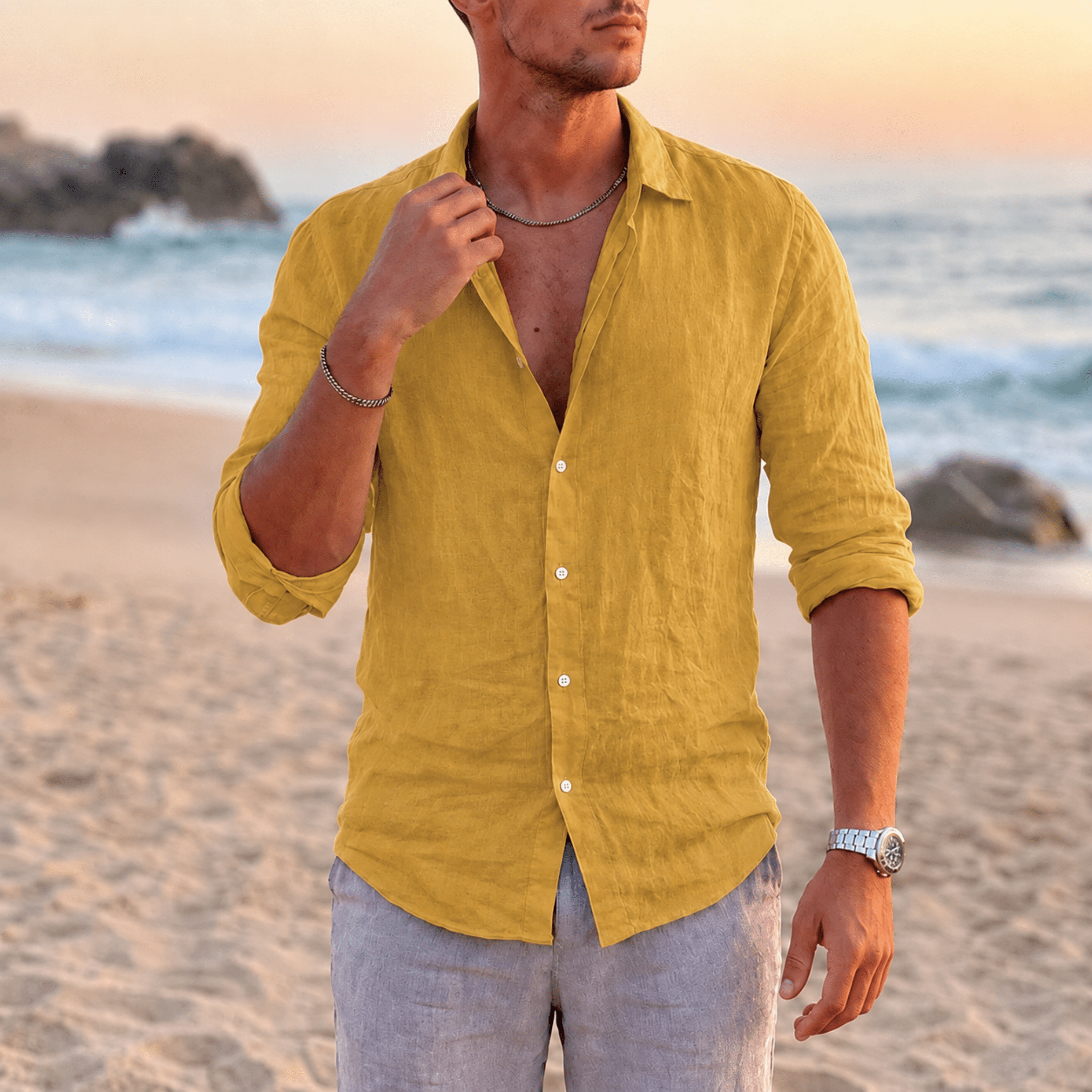 Thomas - Men's Summer Point Collar Long Sleeve Shirt - Shirt - Yellow - Taylor & Bennett