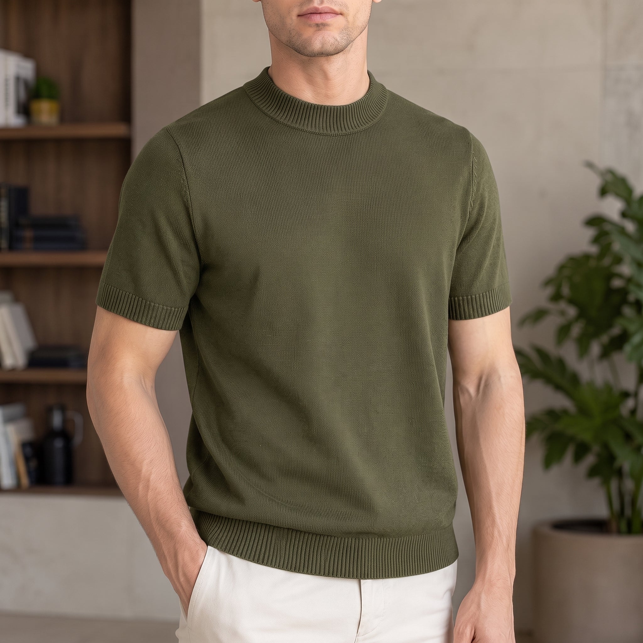 Thomas - Men's Summer Slim Fit Ribbed Mock Neck T-Shirt - T-Shirts - Green - Taylor & Bennett