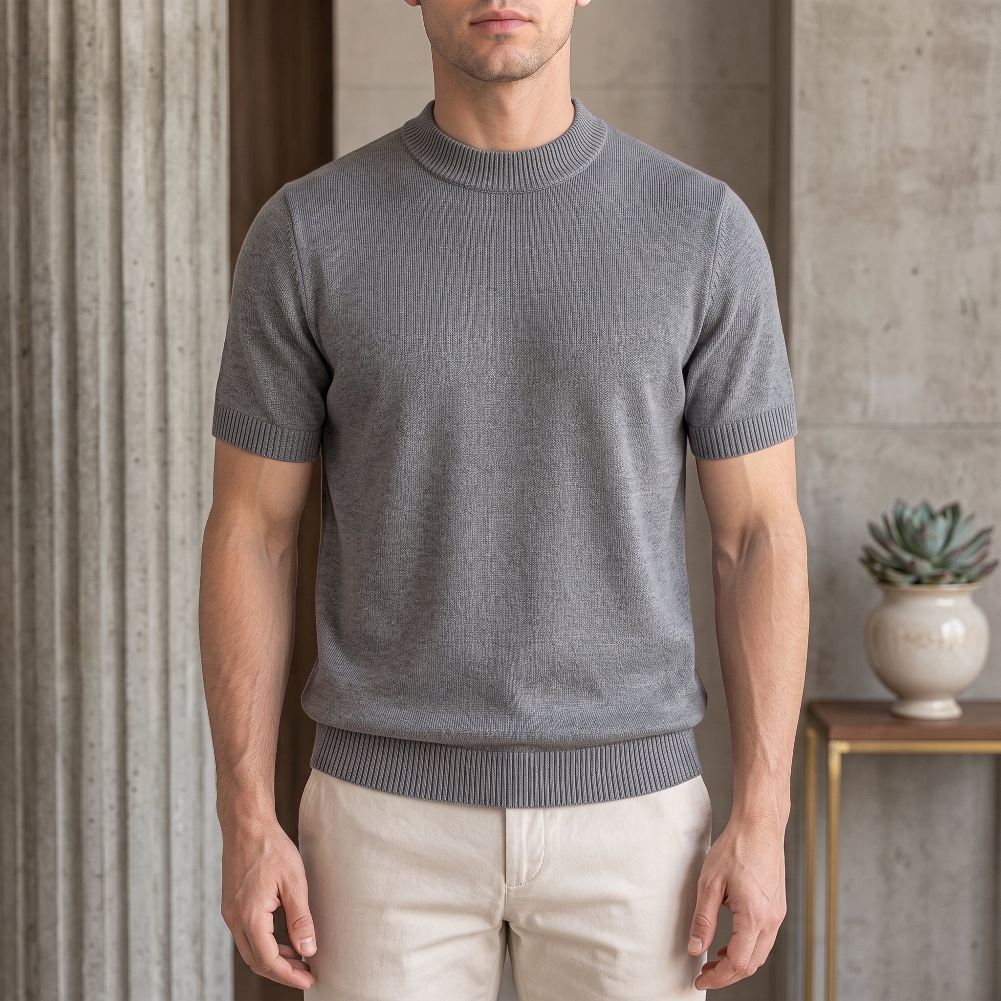 Thomas - Men's Summer Slim Fit Ribbed Mock Neck T-Shirt - T-Shirts - Grey - Taylor & Bennett