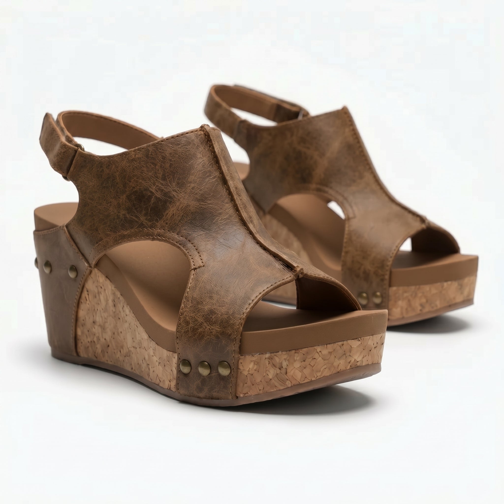 Valery - Women's Open Toe Wedge Sandals - Sandals - Brown - Taylor & Bennett
