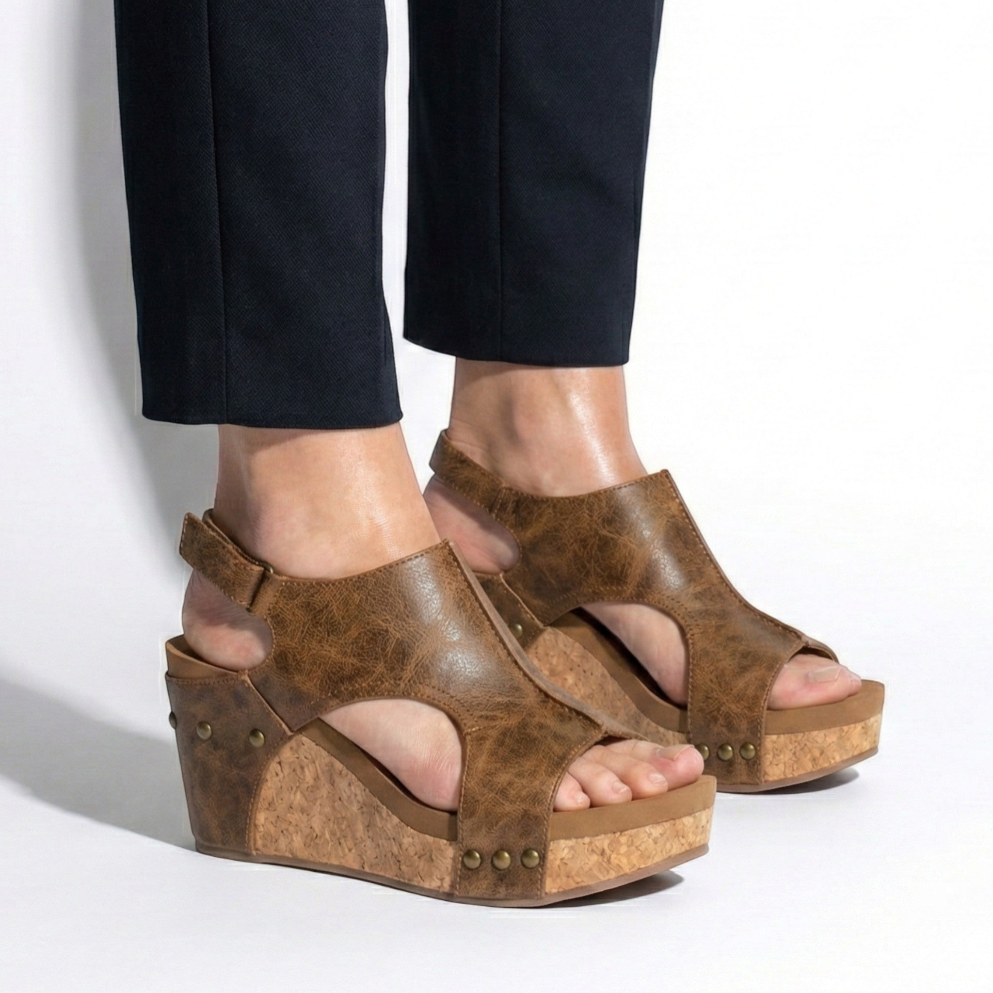 Valery - Women's Open Toe Wedge Sandals with Adjustable Strap - Sandals - Brown - Taylor & Bennett