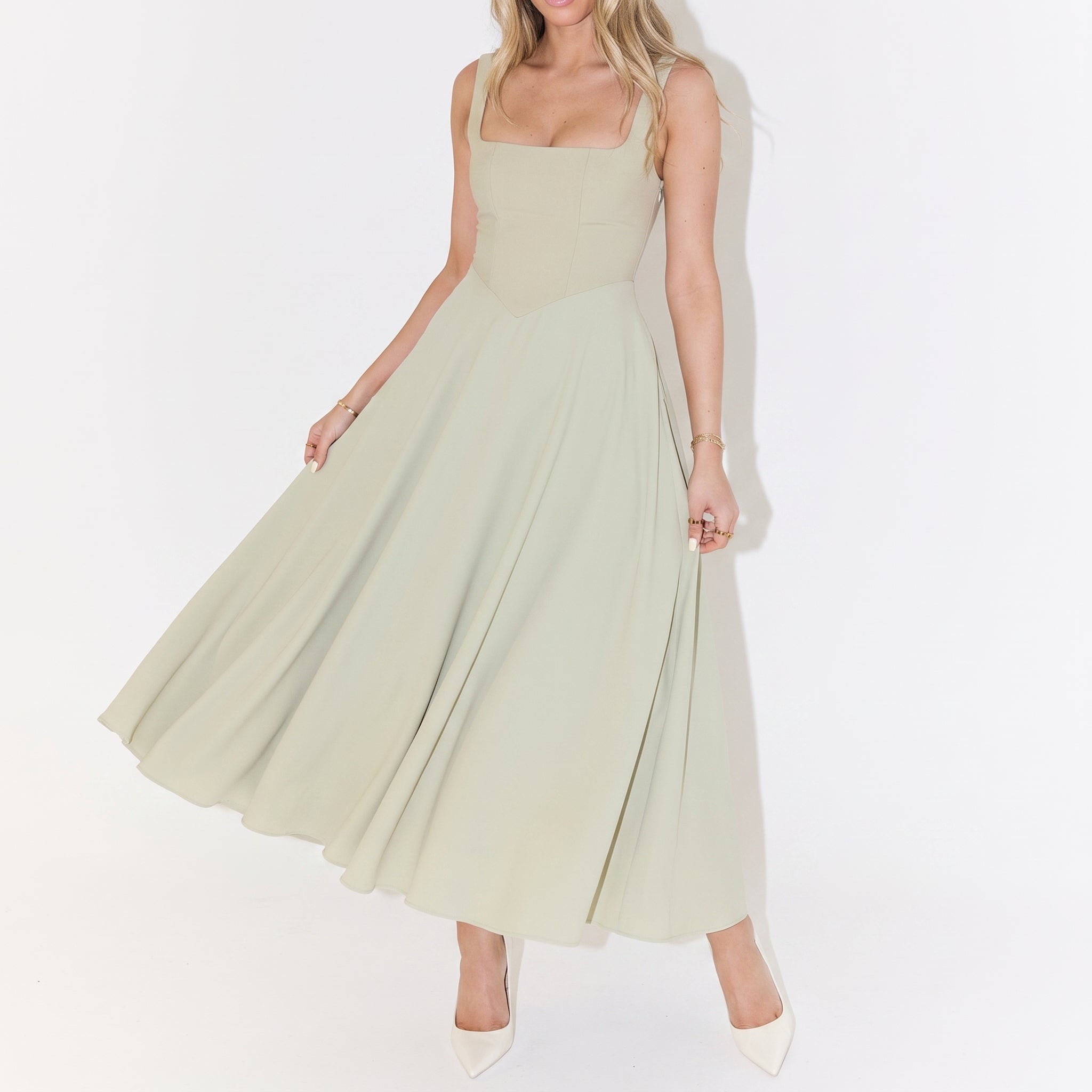 Victoria - Women's Evening Square Neck Ruched Bodice Maxi Dress - Dresses - Light Green - Taylor & Bennett