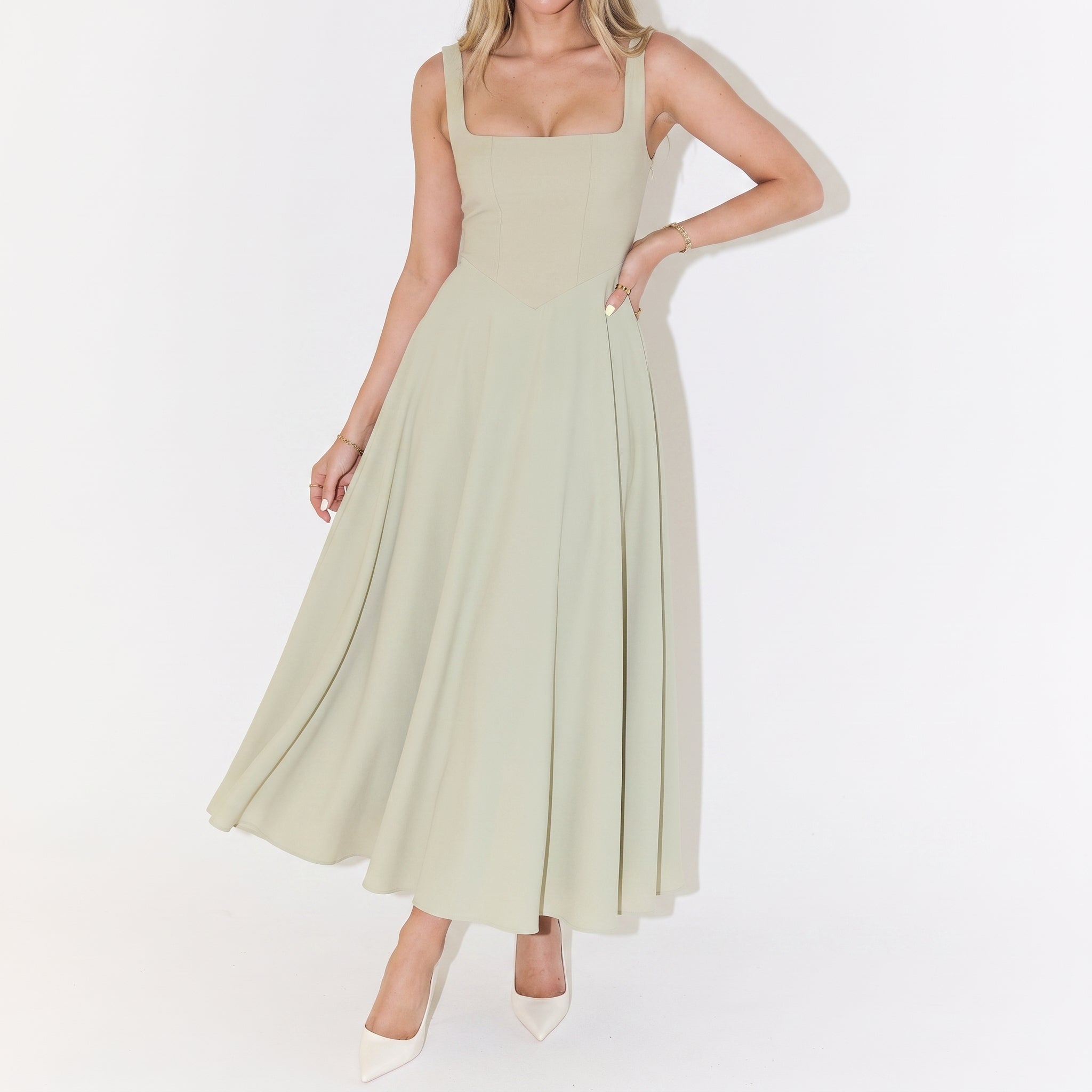 Victoria - Women's Evening Square Neck Ruched Bodice Maxi Dress - Dresses - Light Green - Taylor & Bennett
