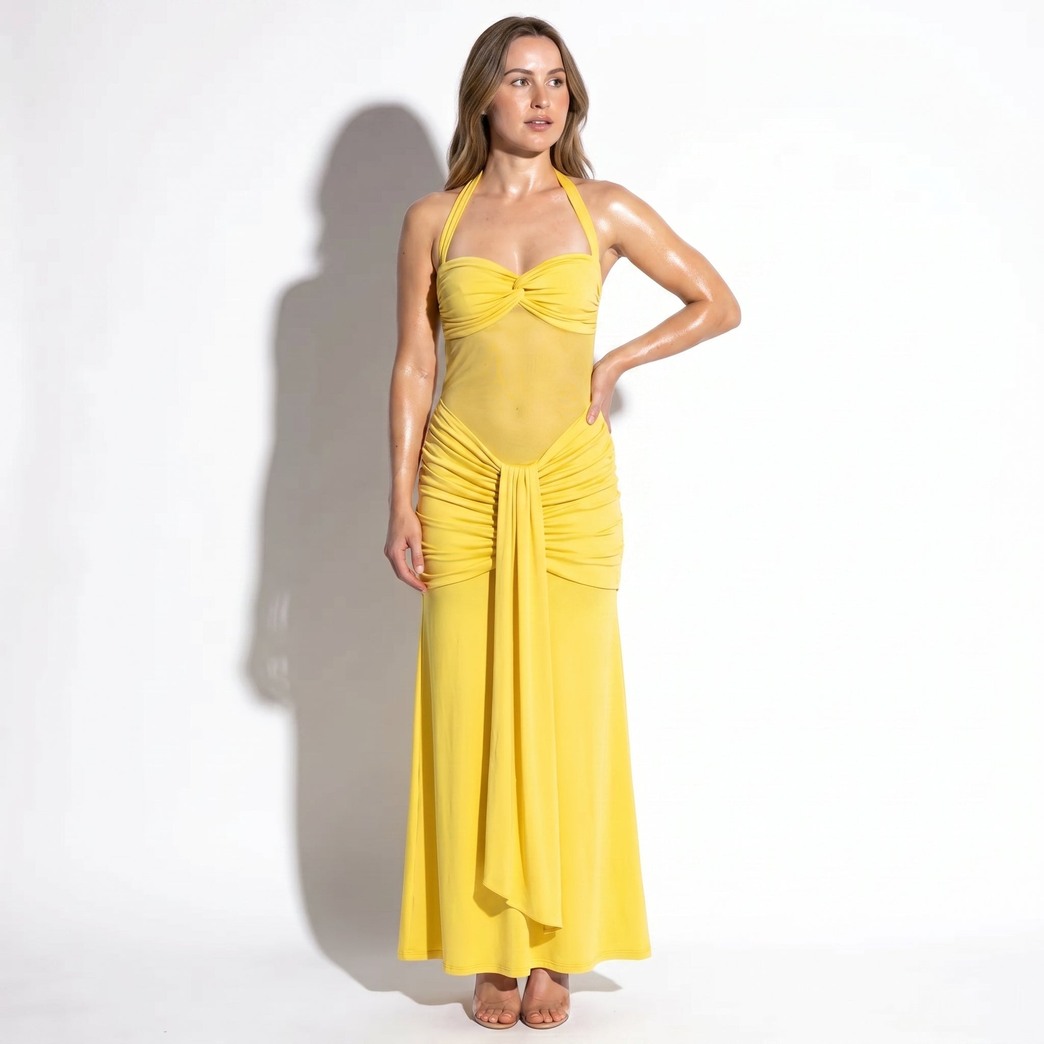 Victoria - Women's Summer Party Ruched Halter Maxi Dress - Dresses - Yellow - Taylor & Bennett