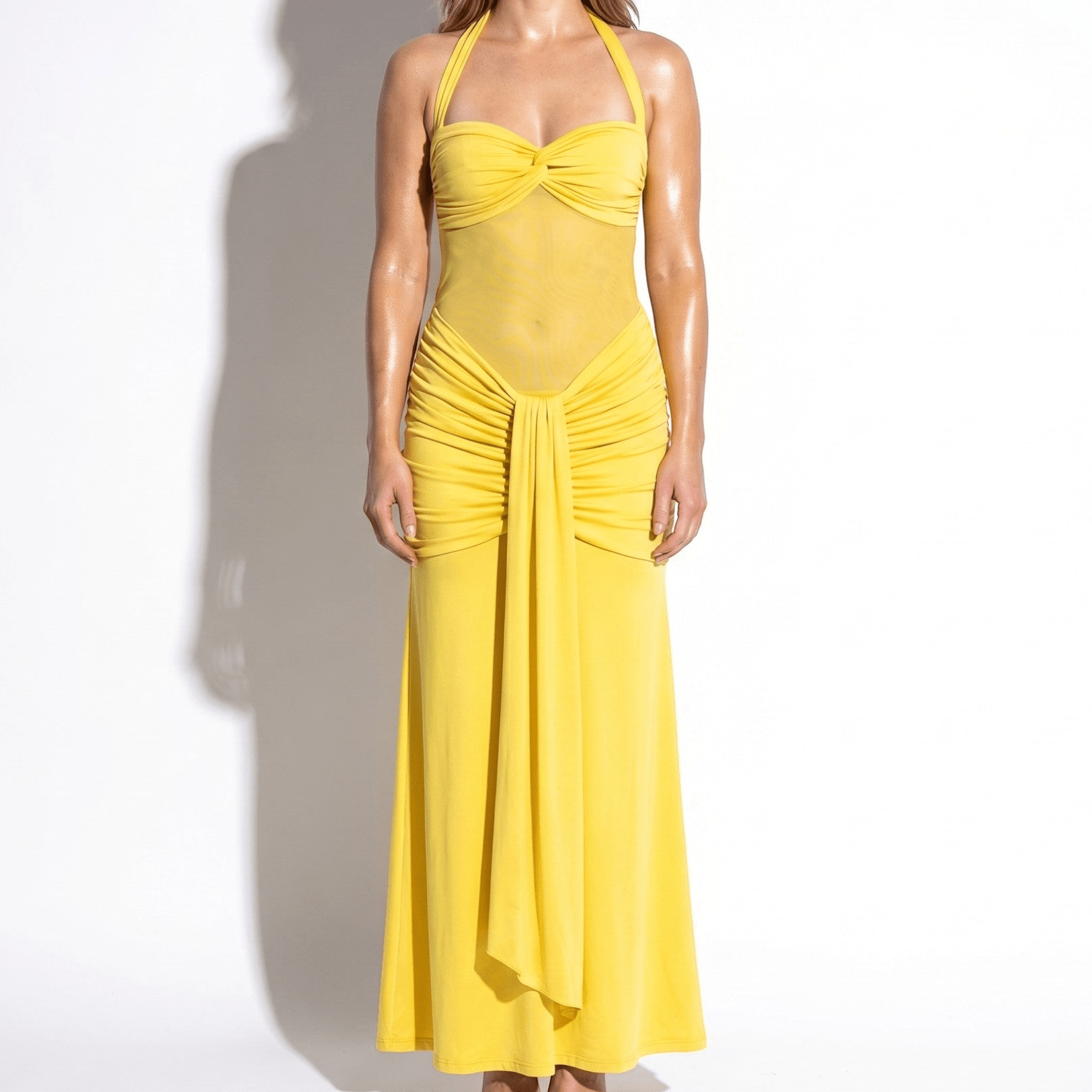 Victoria - Women's Summer Party Ruched Halter Maxi Dress - Dresses - Yellow - Taylor & Bennett