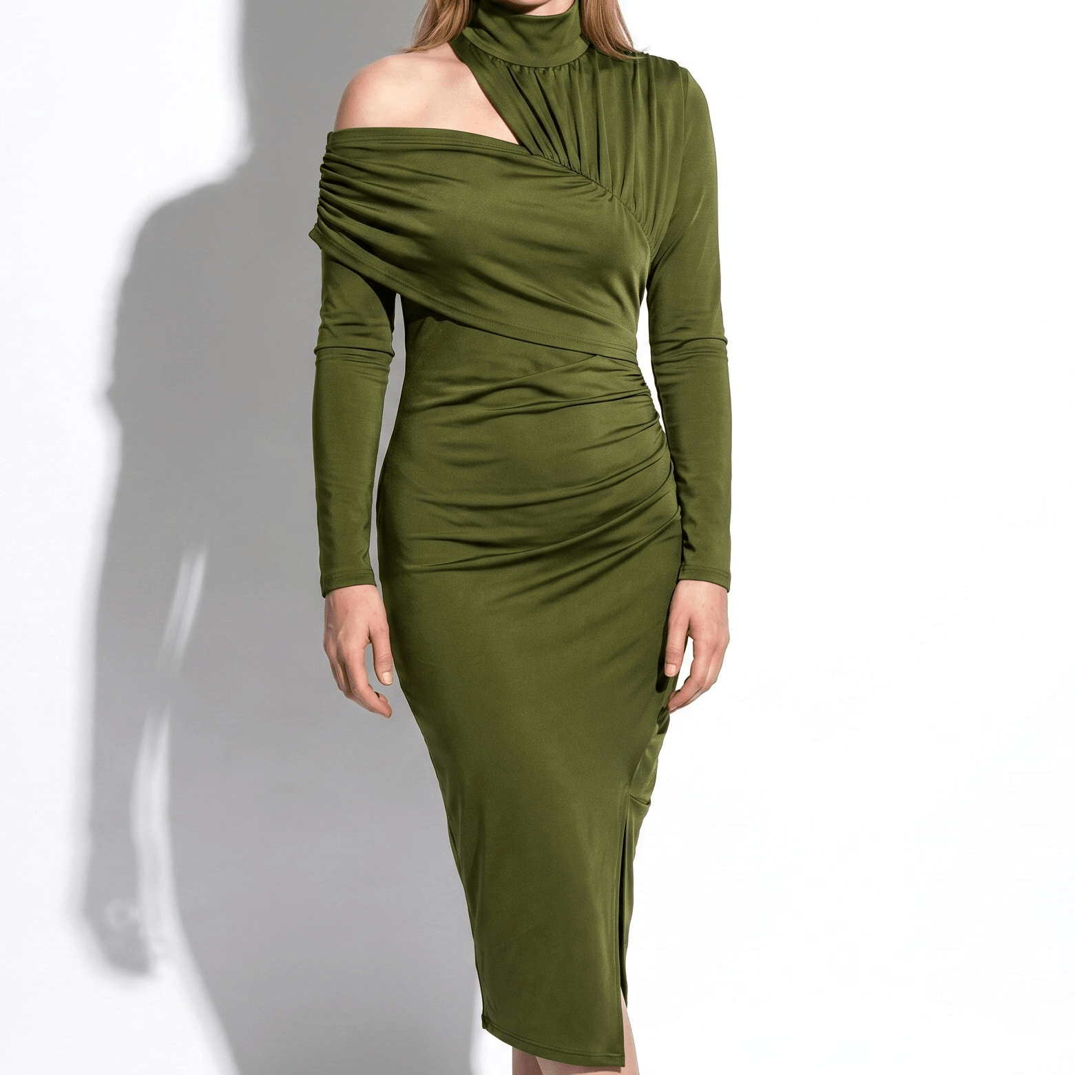 Vivienne - Women's Evening Boycon Turtleneck Midi Dress - Dress - Olive Green - Taylor & Bennett