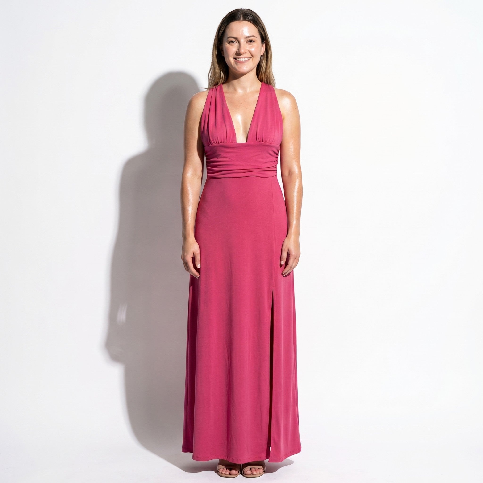Women's Summer Party Plunge Maxi Dress with High Split - Maxi Dress - Dark Pink - Taylor & Bennett