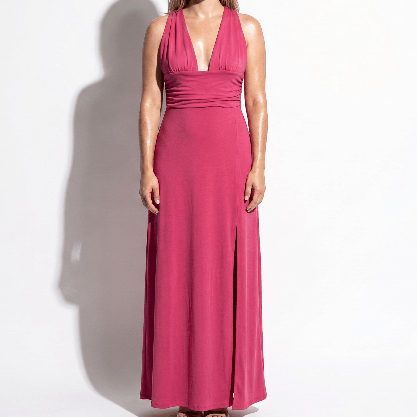 Women's Summer Party Plunge Maxi Dress with High Split - Maxi Dress - Dark Pink - Taylor & Bennett