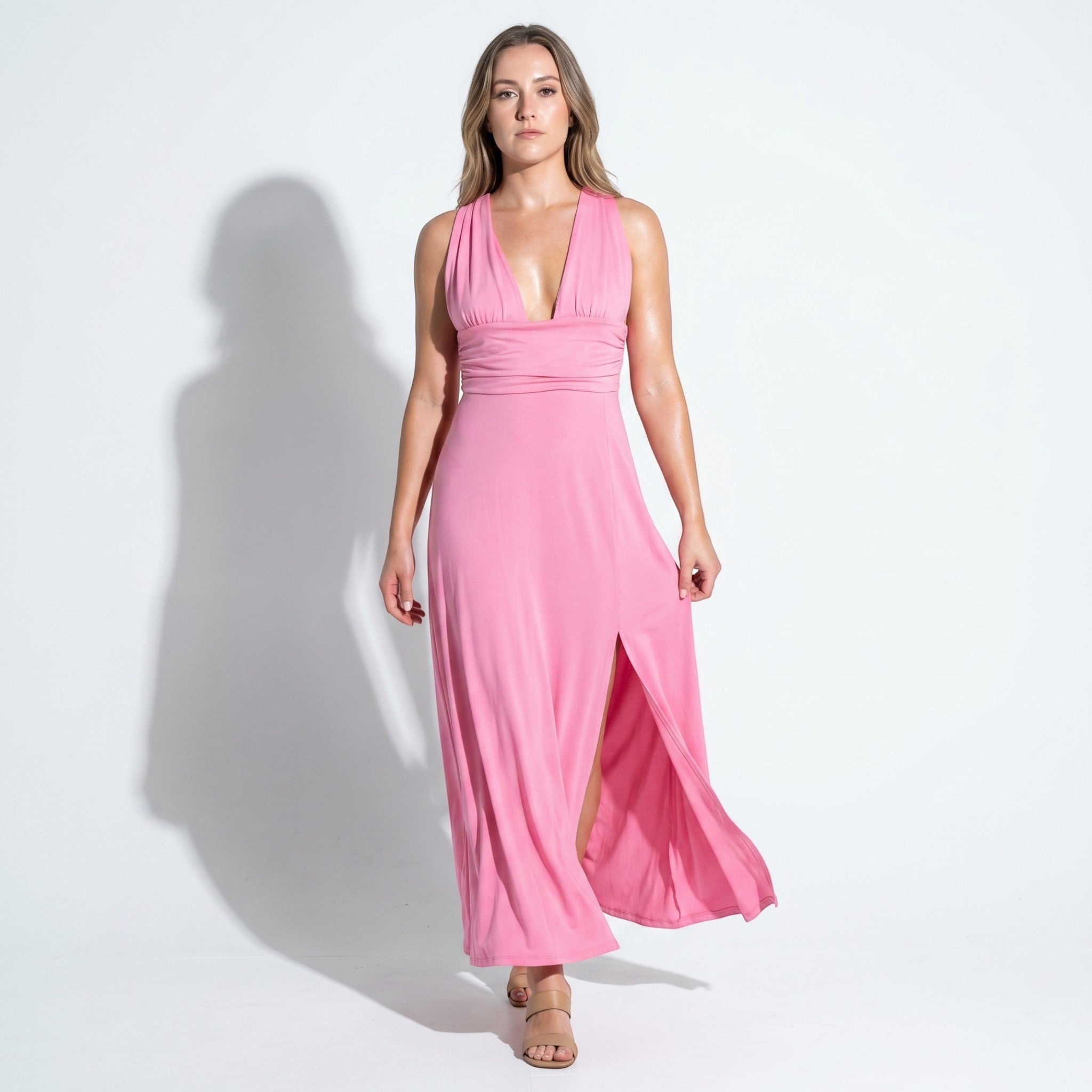 Women's Summer Party Plunge Maxi Dress with High Split - Maxi Dress - Pink - Taylor & Bennett
