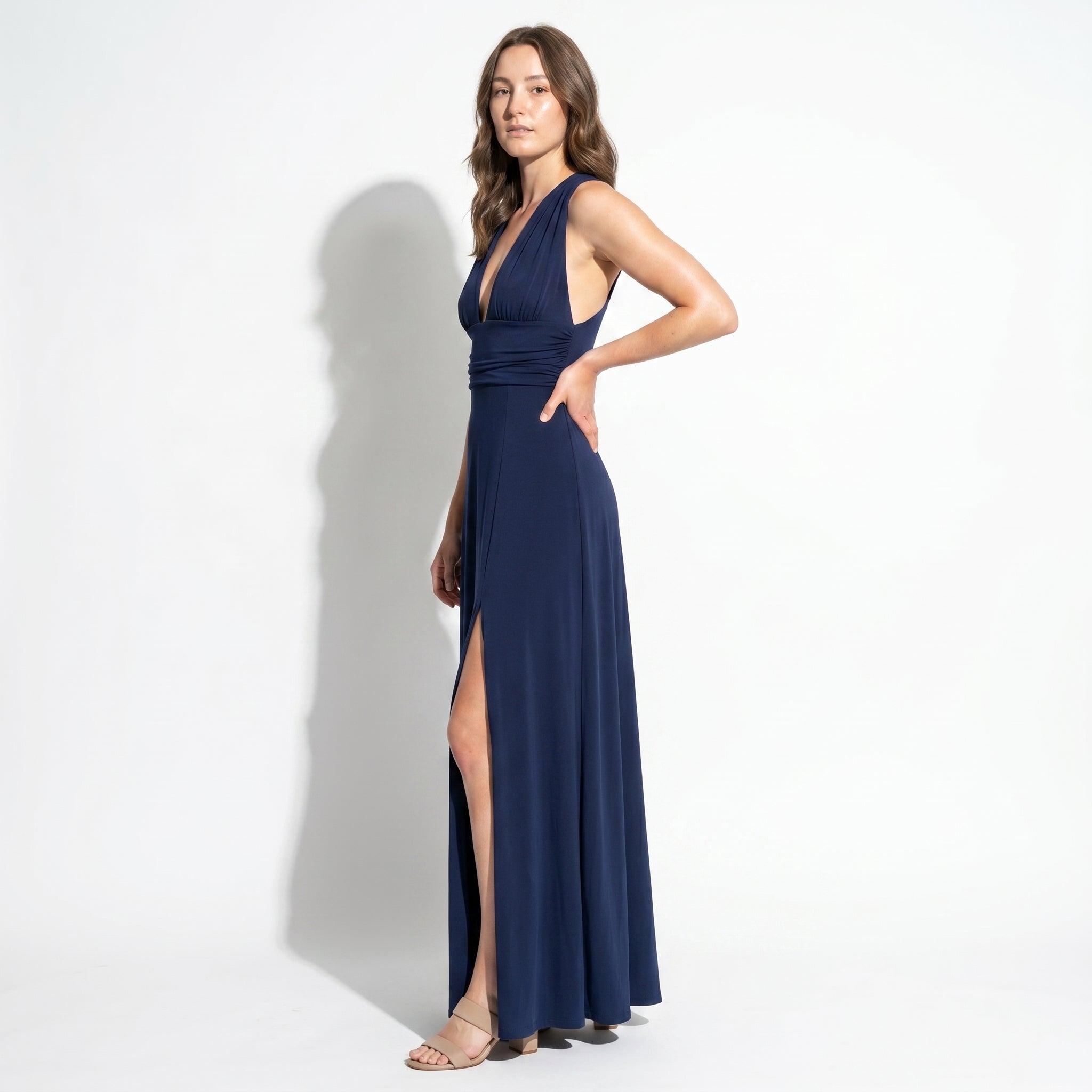 Women's Summer Party Plunge Maxi Dress with High Split - Maxi Dress - Navy Blue - Taylor & Bennett