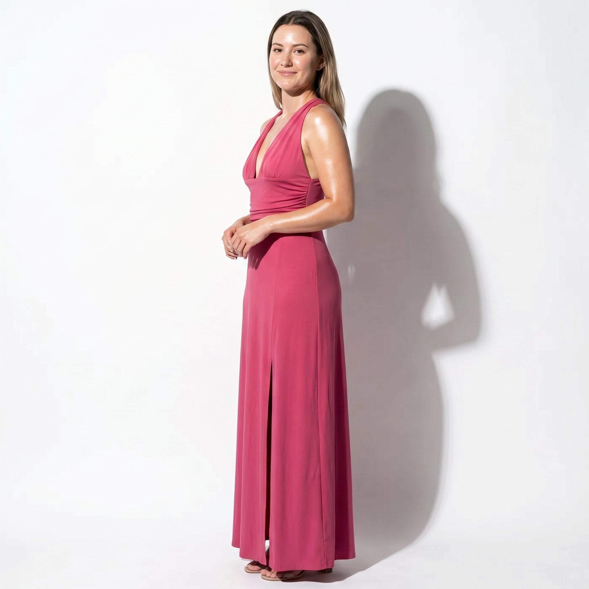 Women's Summer Party Plunge Maxi Dress with High Split - Maxi Dress - Dark Pink - Taylor & Bennett