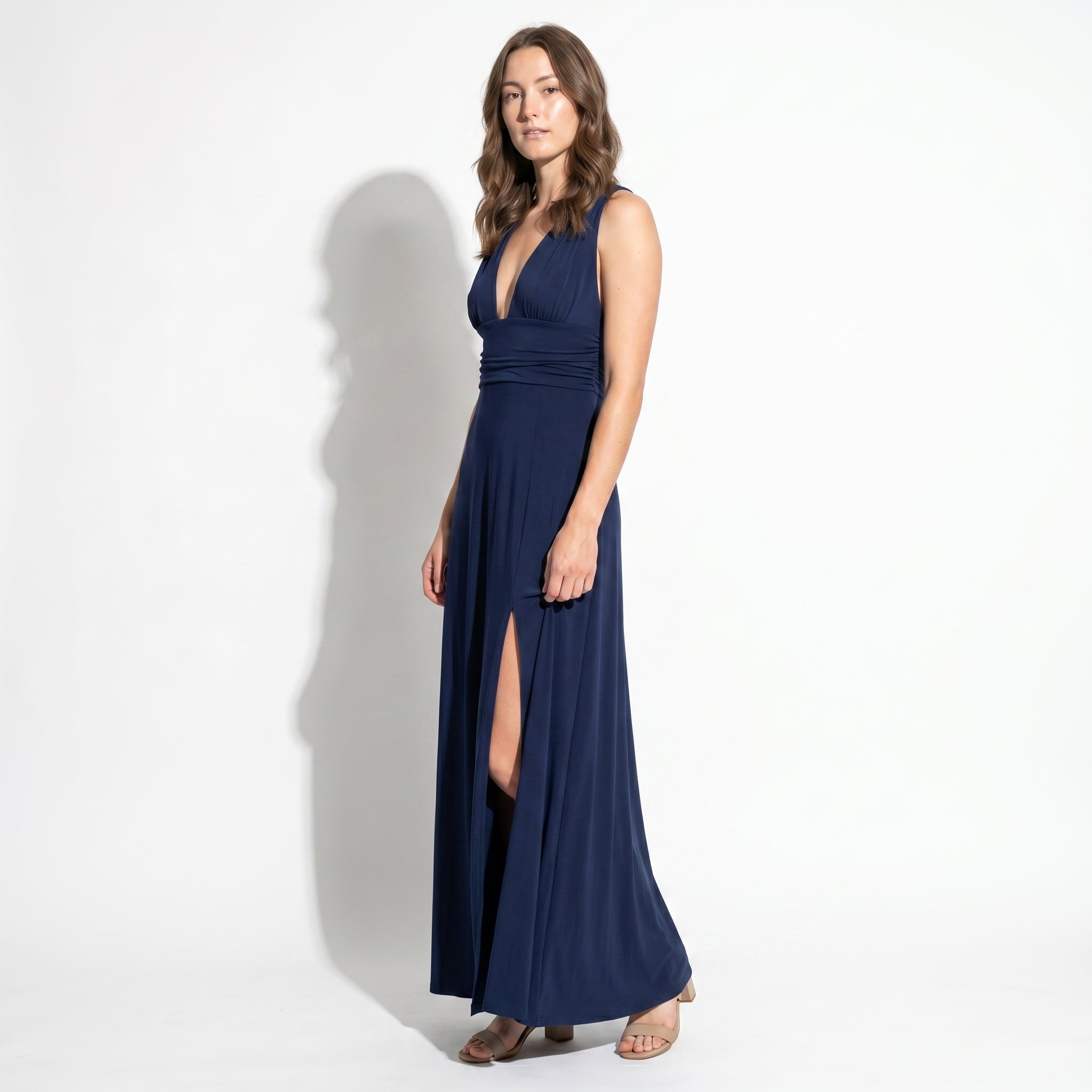 Women's Summer Party Plunge Maxi Dress with High Split - Maxi Dress - Navy Blue - Taylor & Bennett