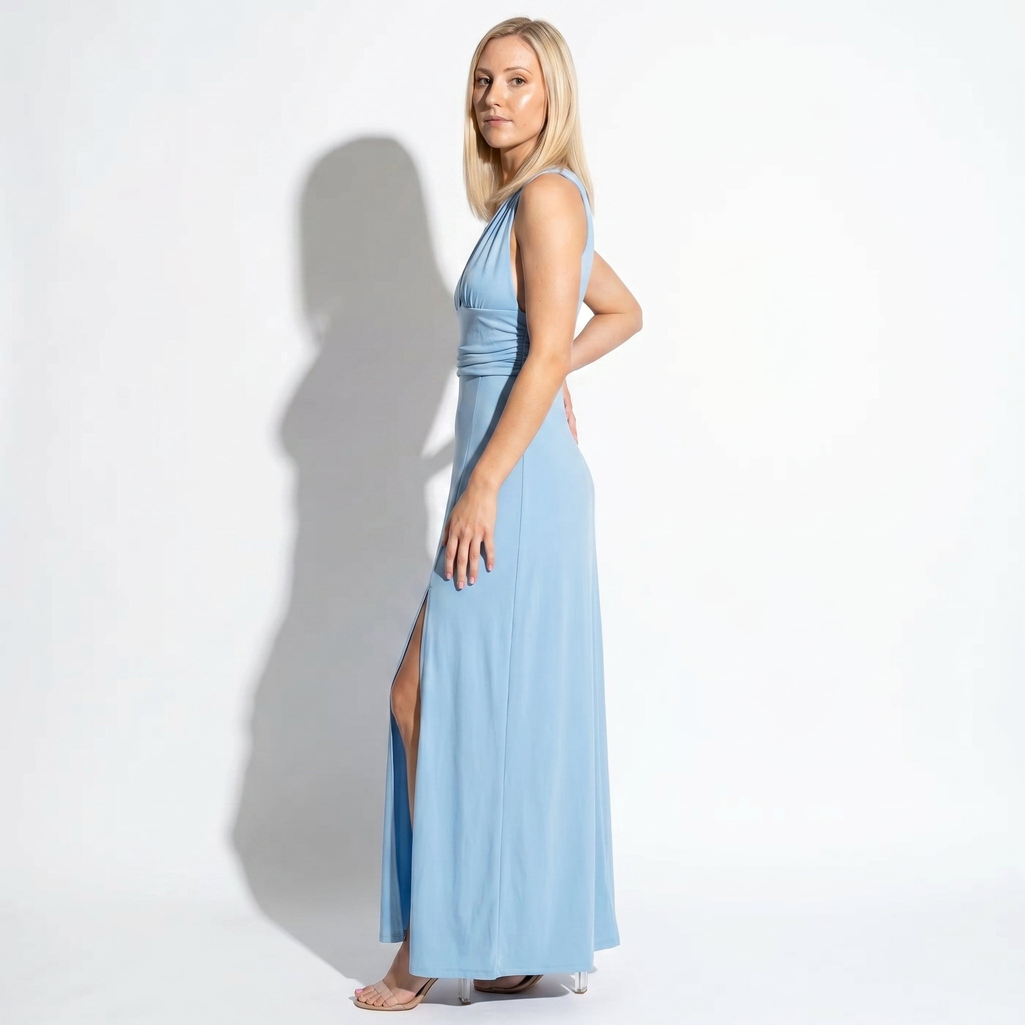 Women's Summer Party Plunge Maxi Dress with High Split - Maxi Dress - Blue - Taylor & Bennett
