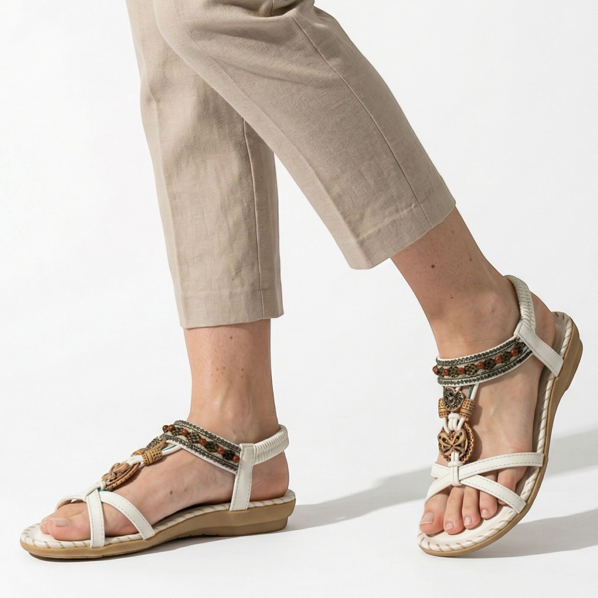 Zoe - Women's Boho Flat Sandals - Sandals - White - Taylor & Bennett
