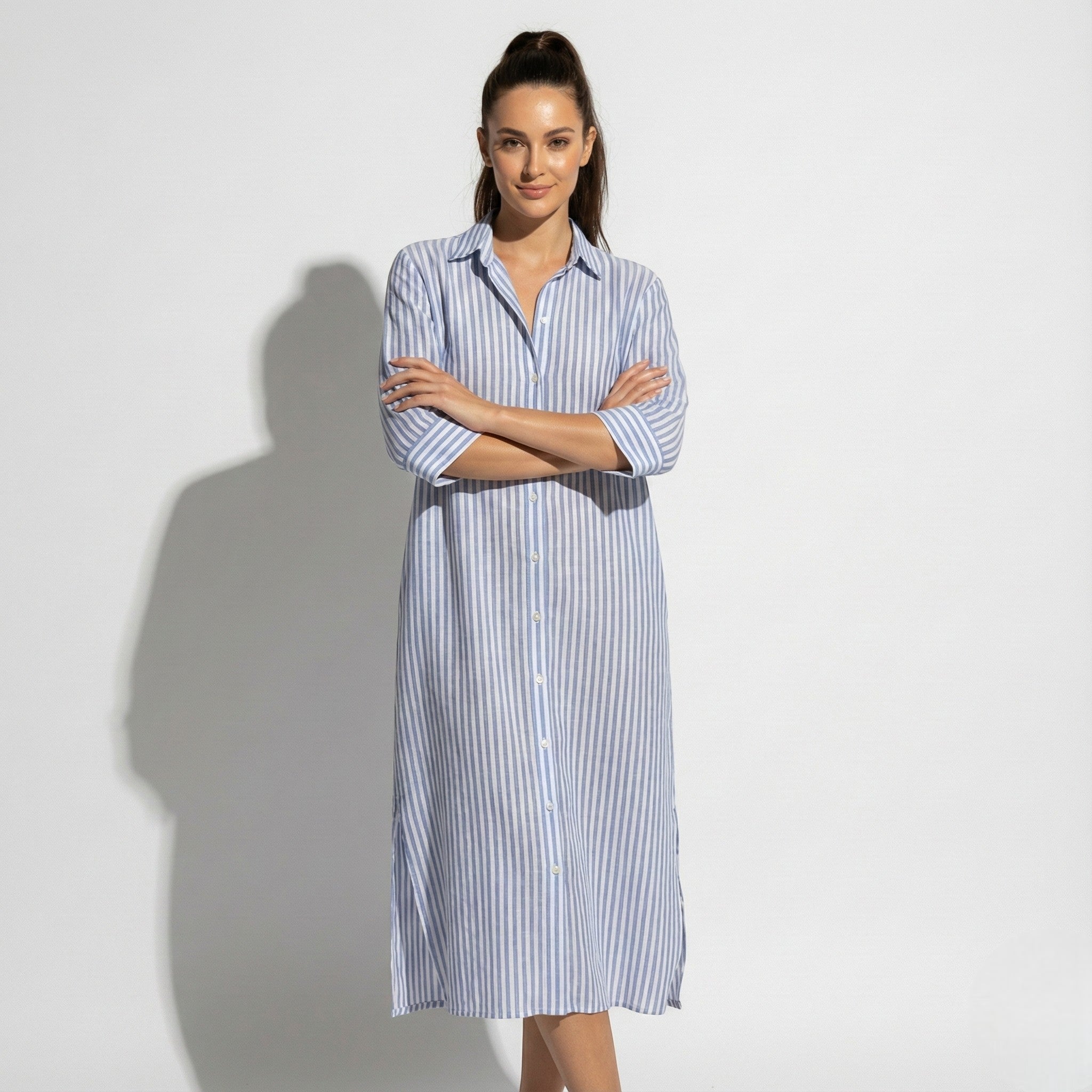 Zoe - Women's Striped Oversized Shirt Dress with Button Front - Dresses - Blue - Taylor & Bennett